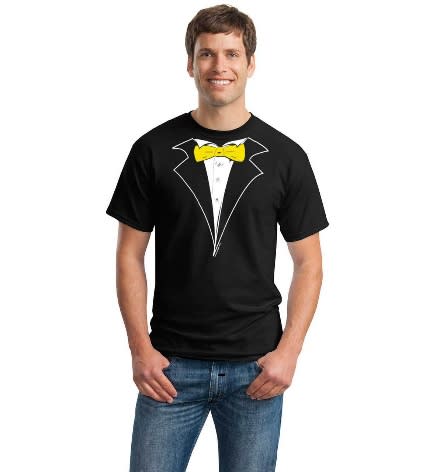 A person wearing a black shirt with a yellow bow tie

Description automatically generated