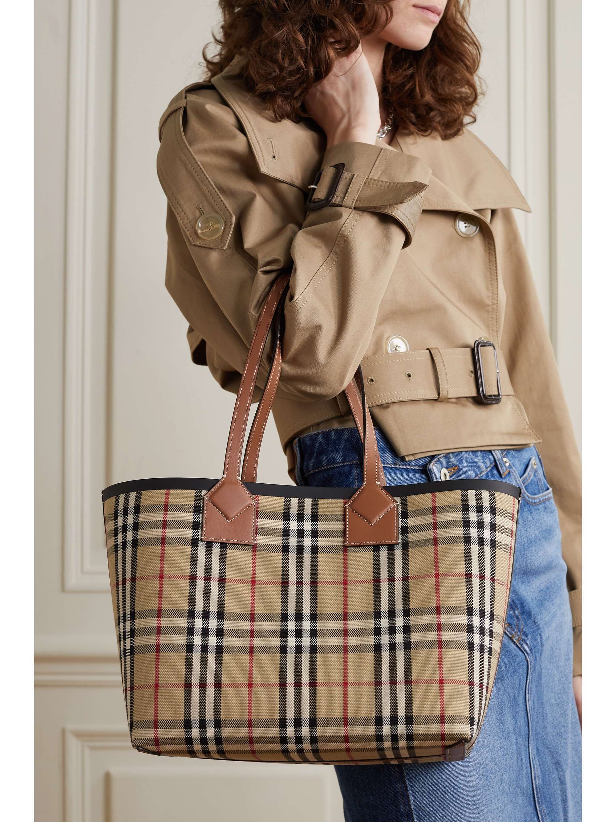 Small leather-trimmed checked cotton-canvas tote