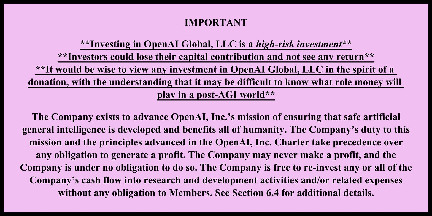 Black text on a pink rectangle, listing a legal disclaimer from OpenAI