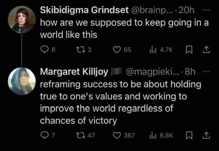 May be an image of 2 people and text that says 'Skibidigma Grindset @brainp 20h how are we supposed to keep going in a world like this 8h Margaret Killjoy @magpieki. reframing success to to be about holding true to one's values and working to improve the world regardless of chances of victory 16.8KW'