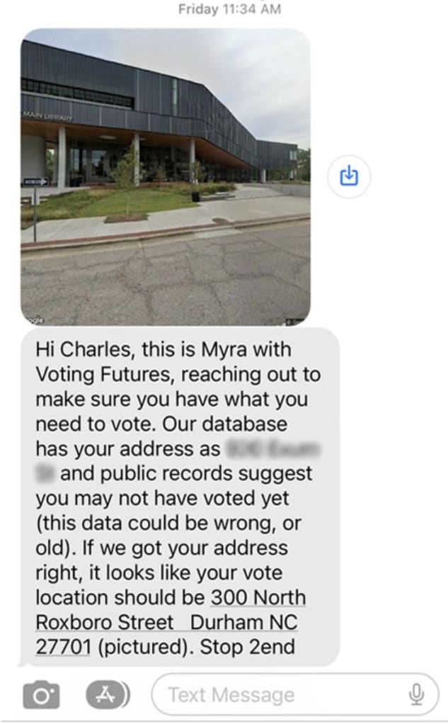 A text message with personalized info about the voter's polling location and a photo of the building