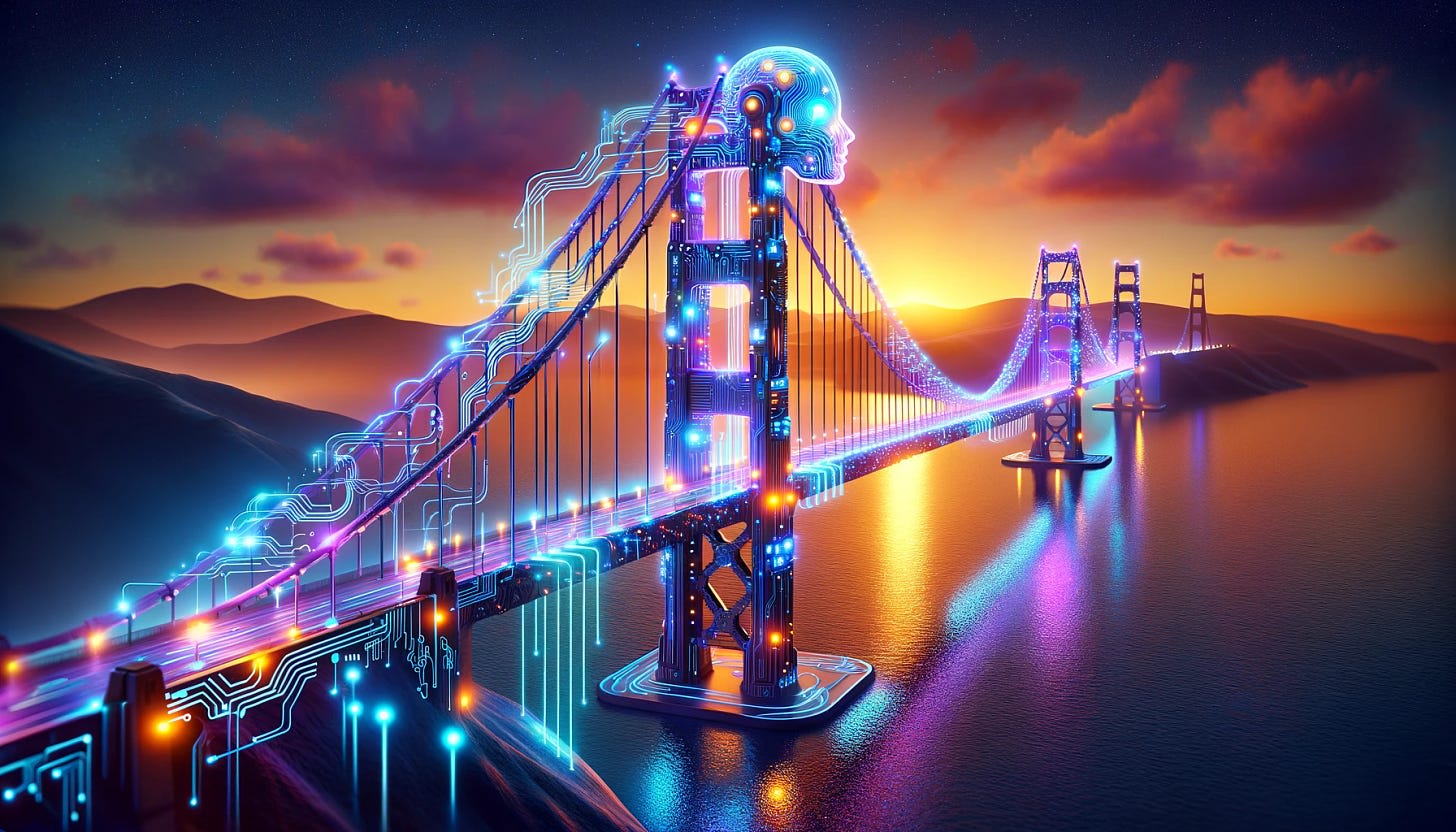 A vivid and imaginative illustration of an AI depicted as the Golden Gate Bridge. The bridge is constructed with circuits, wires, and digital elements instead of traditional materials. The towers are made of sleek, futuristic metal, glowing with neon lights, and connected by glowing blue cables resembling data streams. The water below reflects the shimmering lights of the AI-bridge. The background features a sunset sky with hues of orange, pink, and purple, adding a futuristic ambiance to the scene.