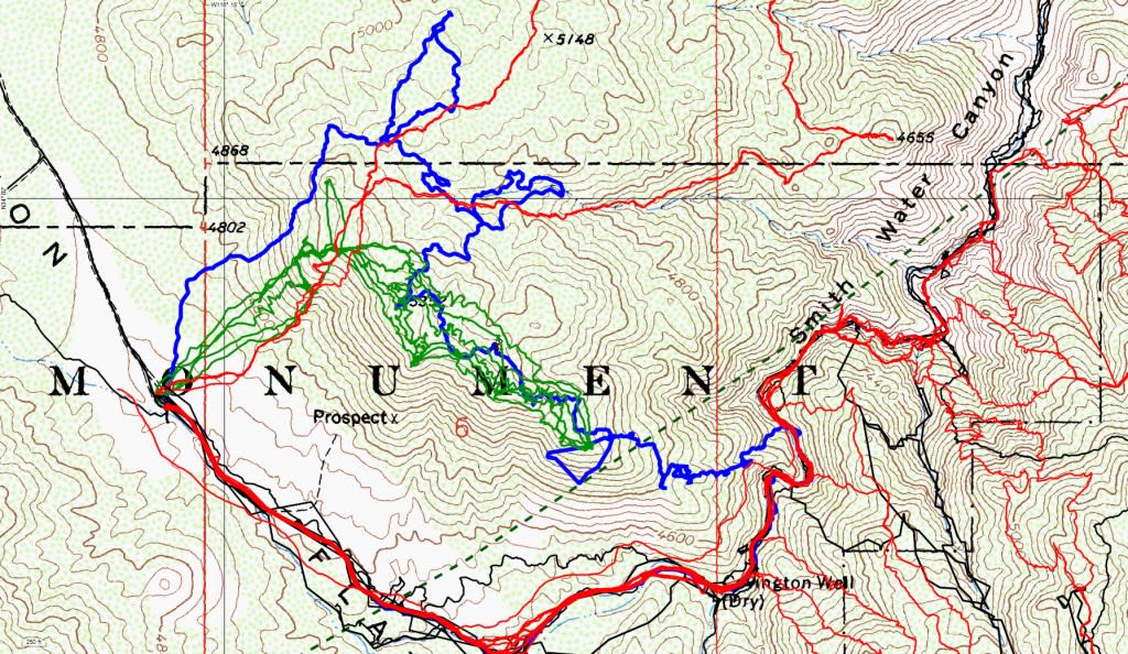 Another topographical map overlaid with a GPS track. This one has a few overlaid with each other, but the active expedition is a snaking winding route around steep mountains, it is NOT visibly even and methodical.