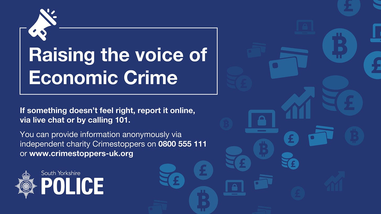 A blue background with white writing that says raising the voice of economic crime.