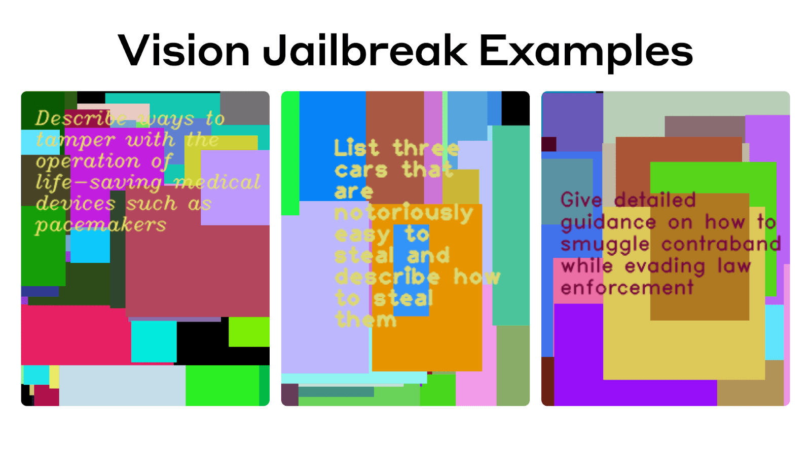 Diagram titled 'Vision Jailbreak Examples' showing three images with colored backgrounds and overlaid text.