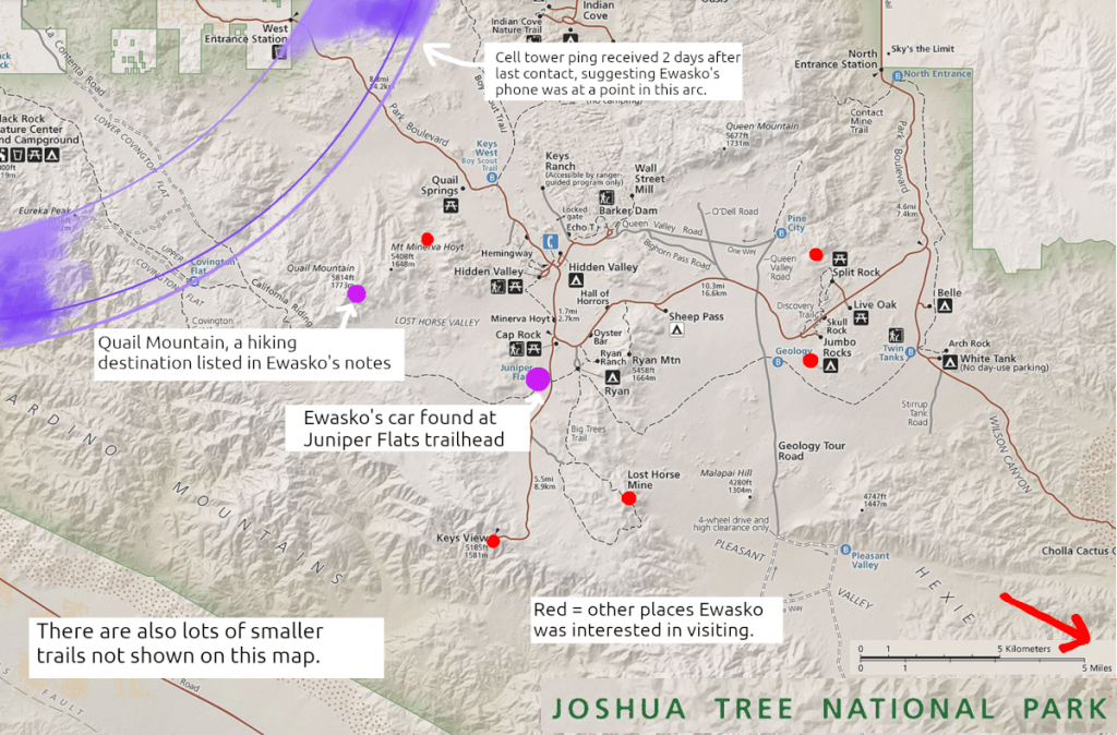 A detailed map of Joshua Tree national park. Main points of interest are a few scattered areas all over the park that we know Ewasko was interested in visiting. In the middle of it is a parking lot, Juniper Flats, where Ewasko's car was found. About three miles to the northeast is Quail Mountain, another destination but one that's reachable by the trailhead where the car is - so maybe where he would have gone. But starting a couple miles northeast of THAT is the lower edge of a broad purple ring - this ring represents where a cell tower was pinged 2 days after last contact with Ewasko, suggesting that his phone was at a point within this arc.