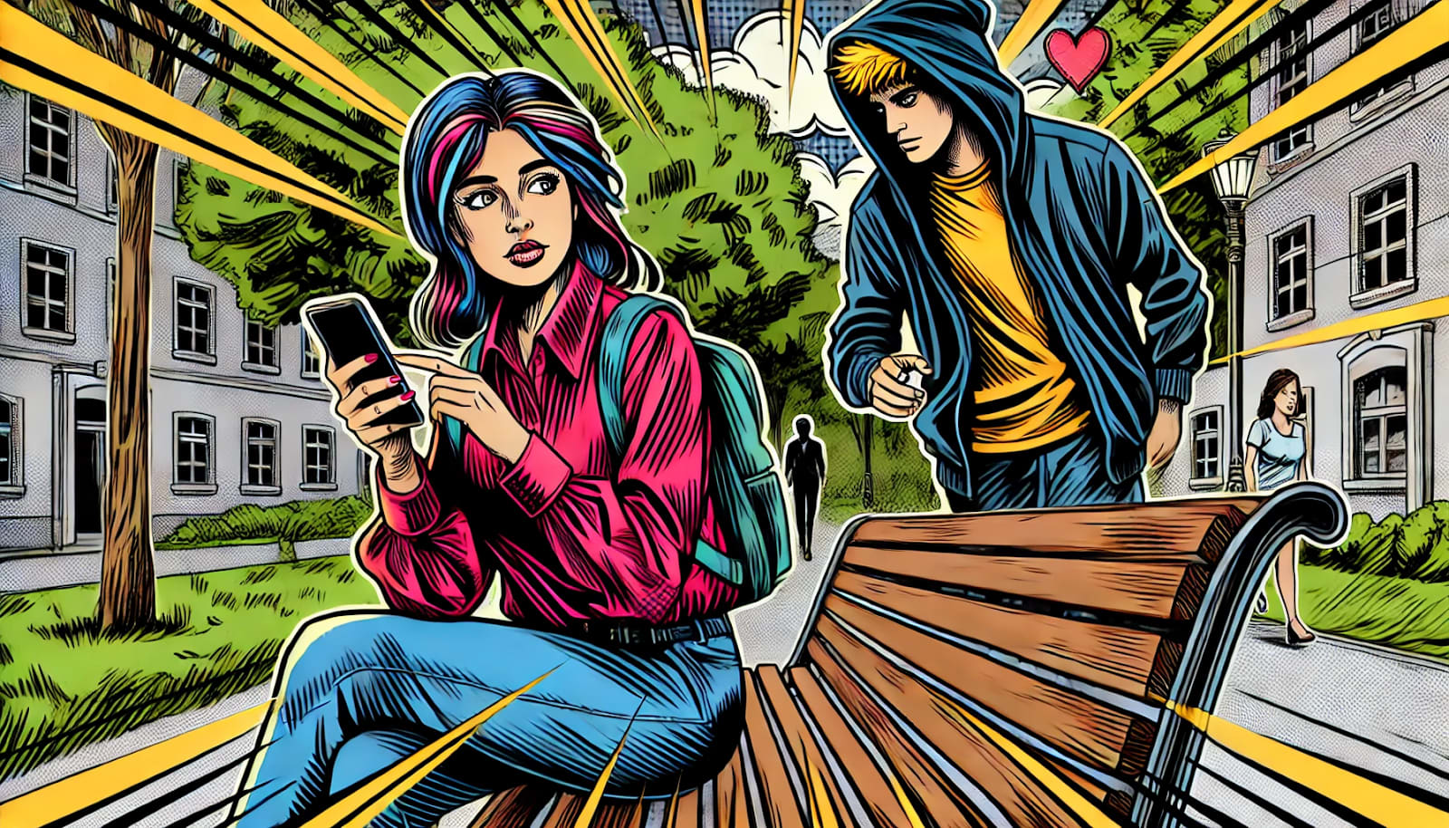 Depiction of a woman with a phone sitting on a bench, being approached by a slightly shady looking man.