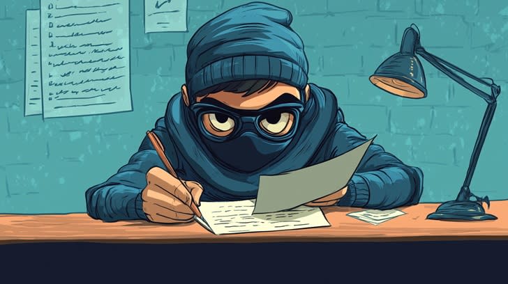 Illustration of a disguised person writing a fake blog post