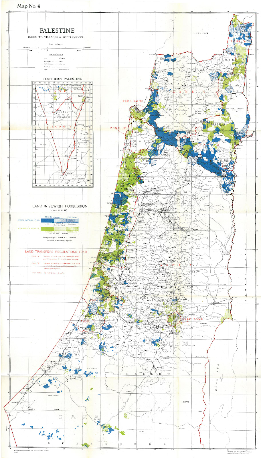 A map of Jewish land in Mandatory Palestine, 1944.