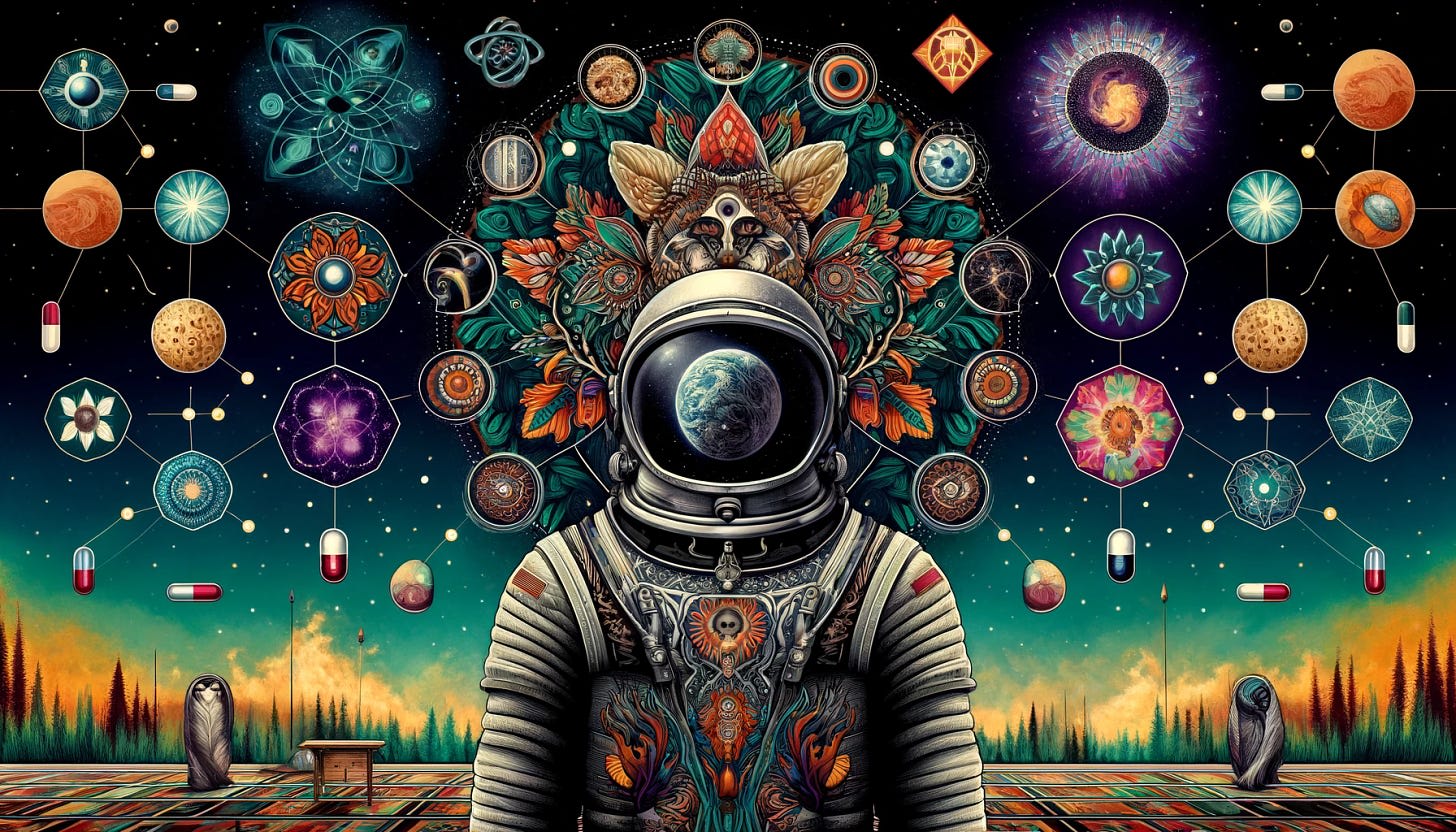 A widescreen image featuring a central figure of a stylized cosmonaut in a spacesuit with shamanic elements. The spacesuit is decorated with traditional shamanic symbols and patterns, and the cosmonaut wears a headdress that blends a space helmet with shamanic ceremonial wear. The background is split, with one side showing a starry space scene and Soviet-era space program imagery, while the other side displays natural, earthy elements such as a forest, fire, and tribal patterns. Surrounding the central figure are chemical structures and pill shapes, swirling energy patterns, and sacred geometry, representing altered states of consciousness. Small icons symbolize different mind states, like a meditation pose, social interaction symbol, and brain icon. The color scheme blends earthy tones (browns, greens) for the shamanic elements, cool blues and grays for the space and Soviet aspects, and vibrant accent colors (purples, yellows) for the altered states or drug effects.