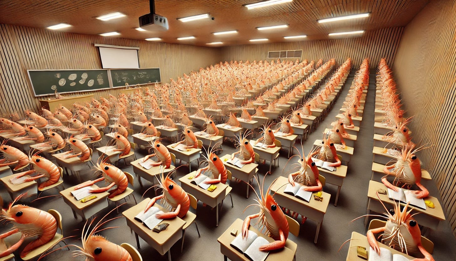 A large lecture hall filled with 1600 shrimp, each seated in rows as if attending a class. The shrimp vary slightly in size and have expressive eyes, some holding tiny notebooks or pencils. The lecture hall is designed with realistic details like wooden desks, chairs, and a large chalkboard at the front. Warm lighting fills the room, creating a whimsical yet realistic scene of shrimp attending a lecture. Overhead, a large projector displays a slide with shrimp-related topics. High level of detail, 3D style.