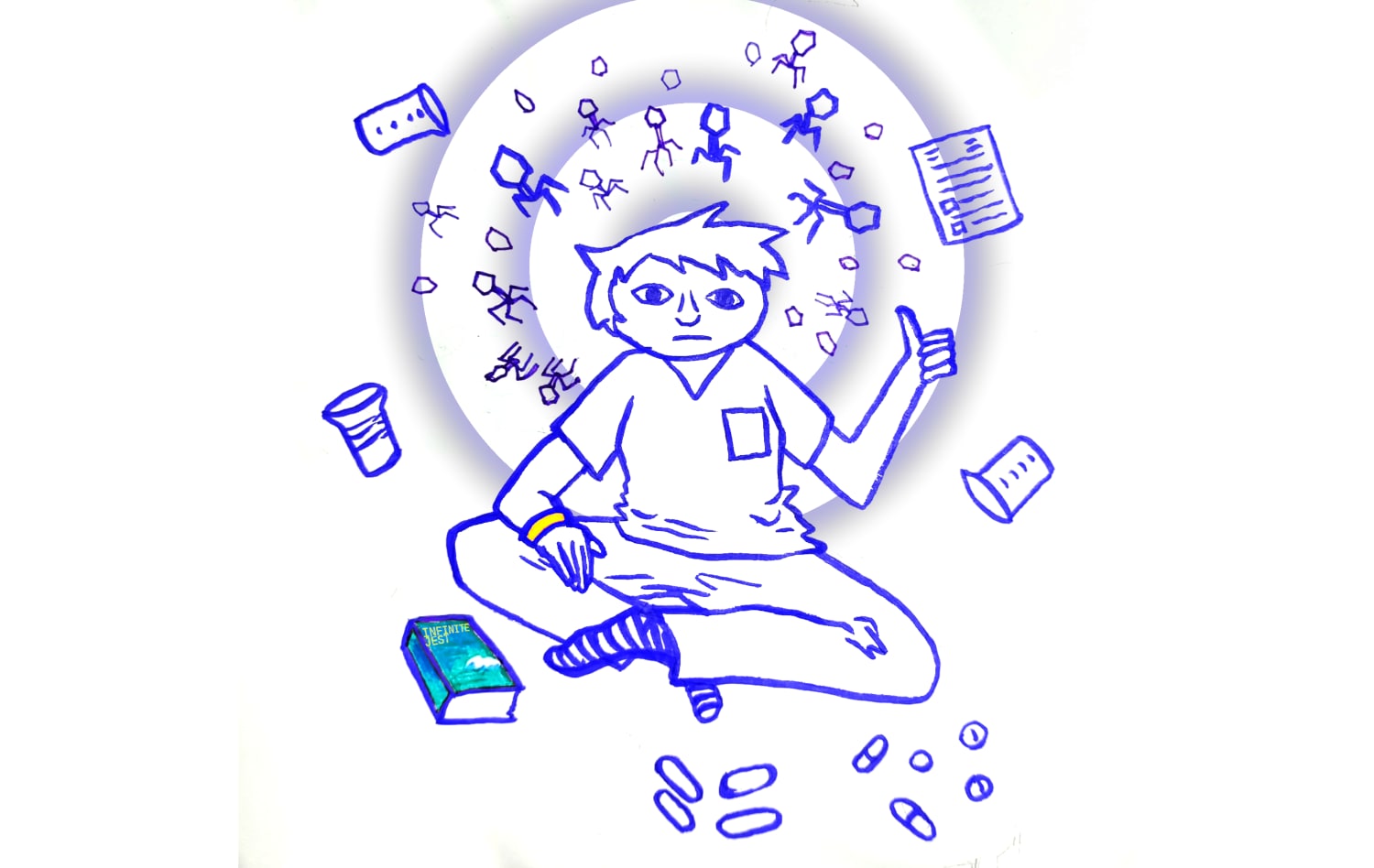 Drawing of the author in scrubs surrounded by a halo of bacteriophages and orbiting beakers, a cup, a paper form, pills, bacillus bacteria, and Infinite Jest.