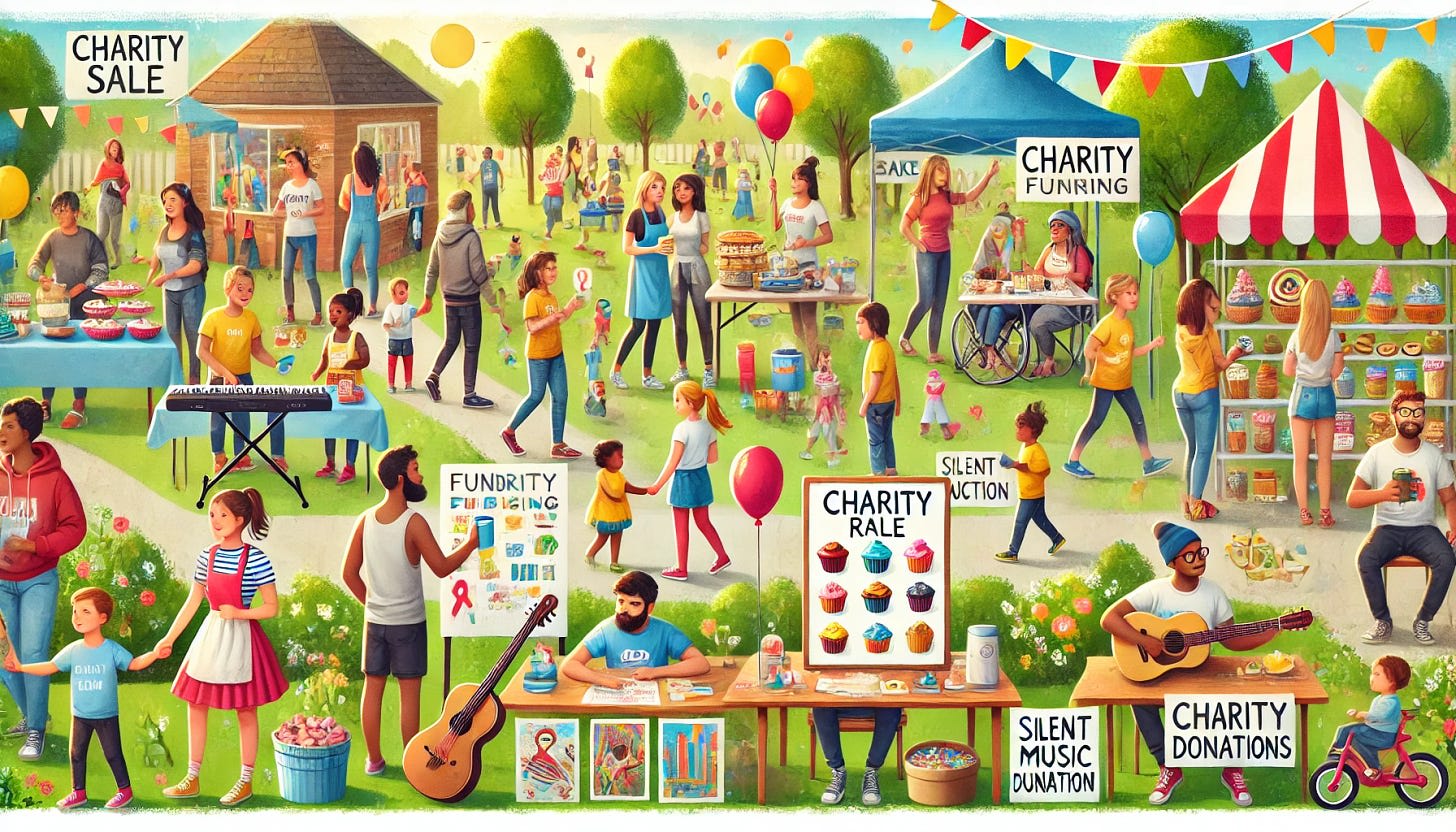 A vibrant and heartwarming scene depicting various charity fundraising efforts happening in a community park. People of diverse backgrounds are engaged in activities like a bake sale with colorful desserts displayed on tables, a charity run with participants wearing numbers on their shirts, a live music performance on a small stage, and a silent auction with art pieces on display. Children are running a lemonade stand, while volunteers distribute flyers and collect donations in jars. The atmosphere is lively and festive, with balloons, banners, and smiling faces everywhere.