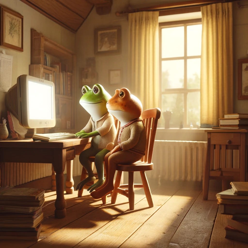 A cozy interior scene featuring Frog and Toad, two anthropomorphic characters, sitting at a small wooden desk. They are staring intently at a bright computer screen. The room is warmly lit, with books scattered around, and a window showing a sunny day outside. Frog and Toad resemble a common frog and toad respectively, wearing simple clothing. The setting is quaint and captures a sense of warmth and simplicity, reminiscent of children