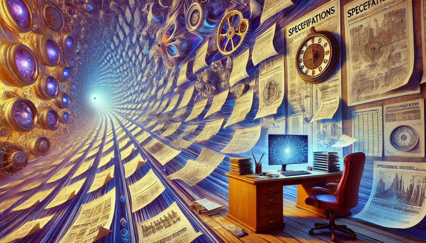 A surreal scene depicting an endless list of specifications for a new model. The setting is a dream-like office with floating sheets of paper, each containing intricate, exaggerated technical drawings and notes. The papers seem to stretch infinitely into the horizon. The office desk is melting like Salvador Dalí's clocks, and the computer monitor displays a fractal pattern. In the background, there are bizarre, abstract shapes and objects, such as floating gears and mechanical parts that defy gravity. The color palette is vibrant and otherworldly, with shades of blue, purple, and gold.