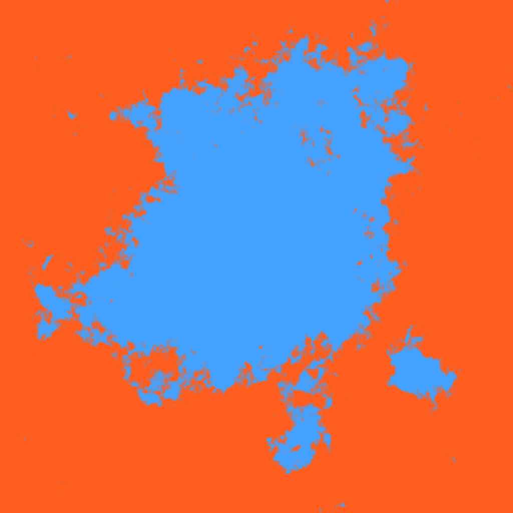 A picture showing a blue, rough-edged blob, surrounded by solid orange. It looks a bit like the coastline of a blue island in an orange sea.