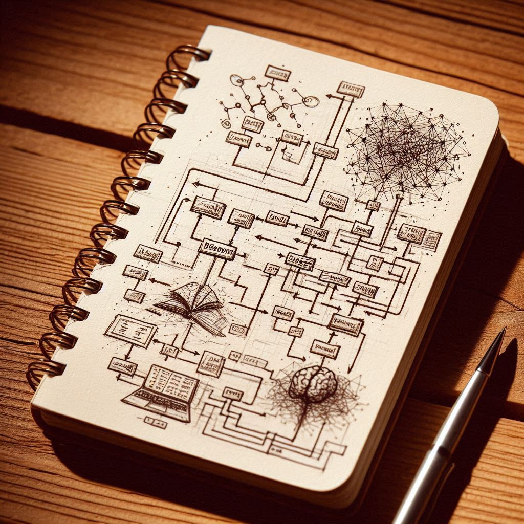 Expensive photograph of a simple open notebook on wood table - 3 very-rough old hand-drawn mini-sketches, of engineering flow diagrams that uses AI and brains to make predictions. Lots of white in background. Only a few lines drawn. No words.