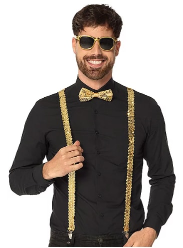 A person wearing a bow tie and suspenders

Description automatically generated